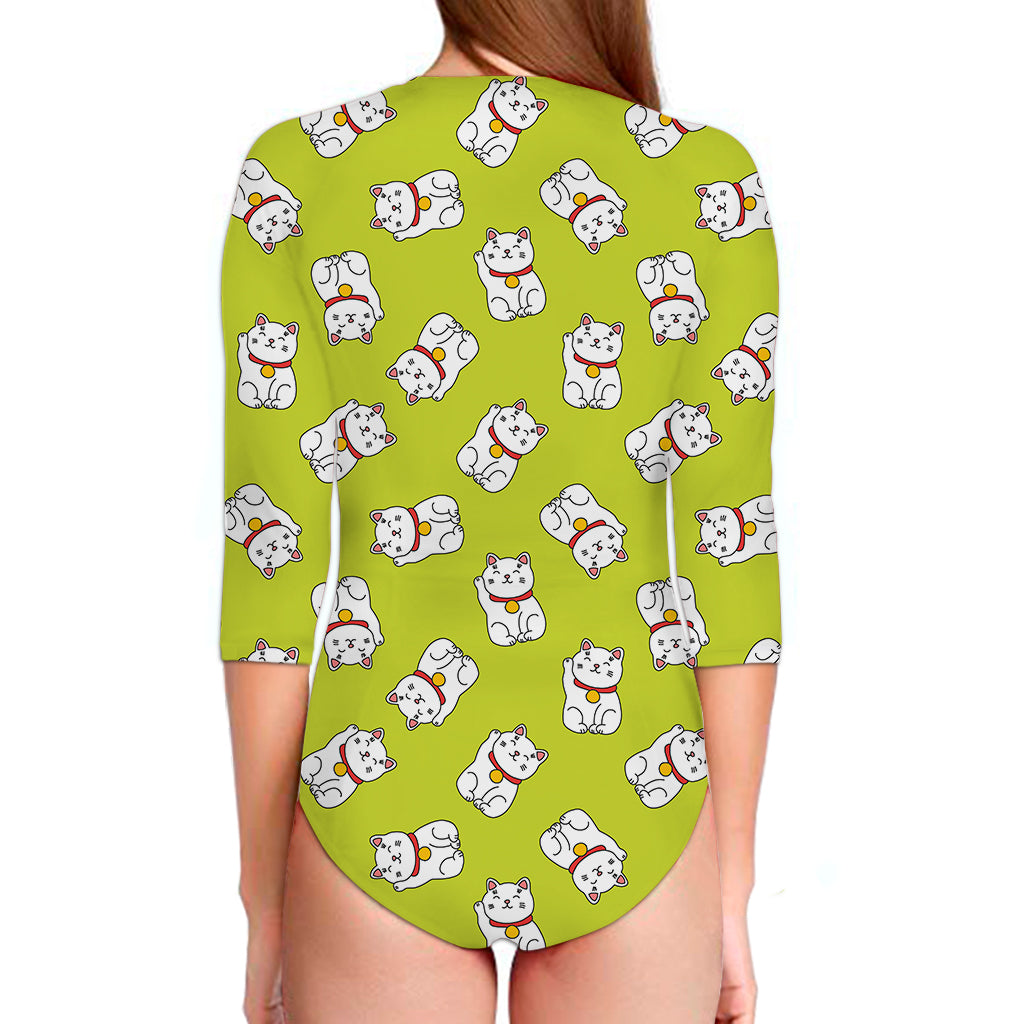 Japanese Lucky Cat Cartoon Print Long Sleeve Swimsuit