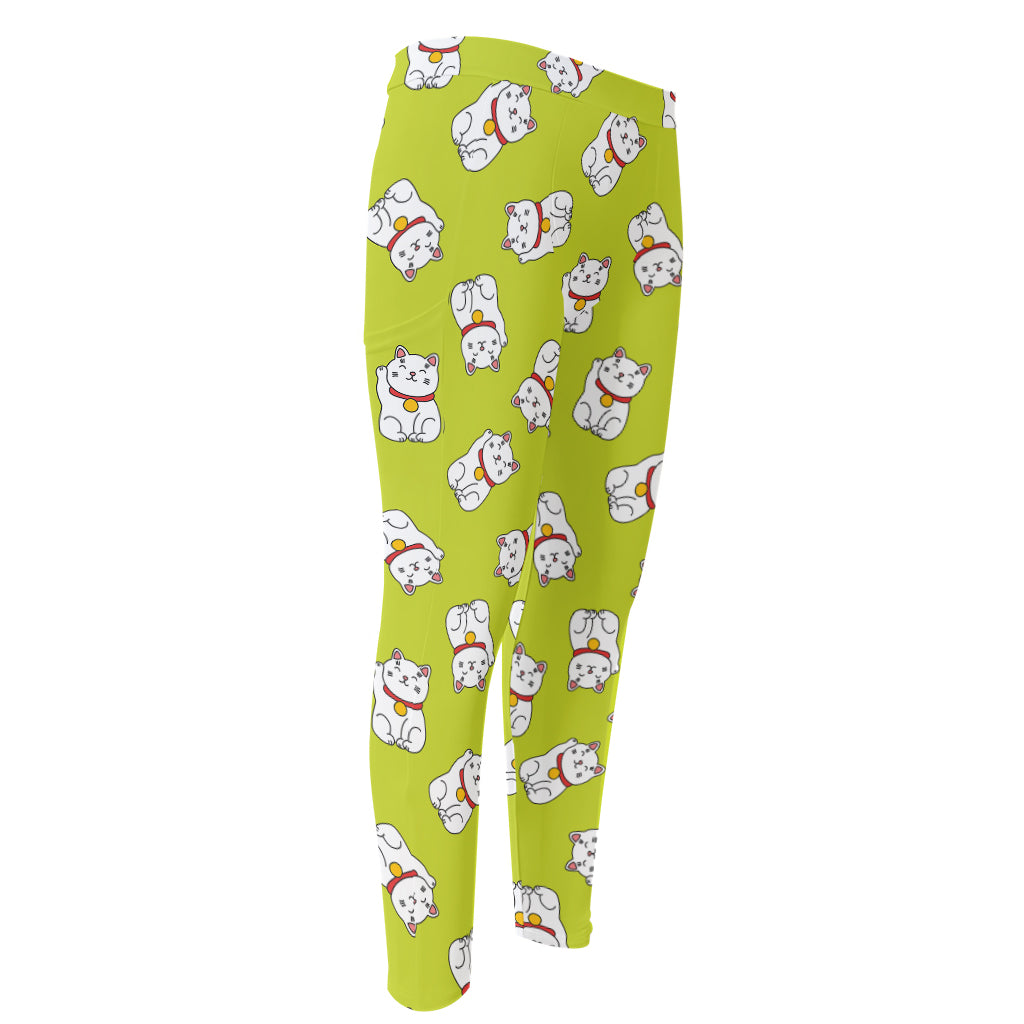 Japanese Lucky Cat Cartoon Print Men's Compression Pants
