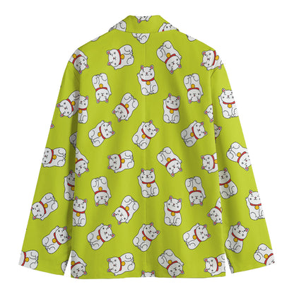 Japanese Lucky Cat Cartoon Print Men's Cotton Blazer