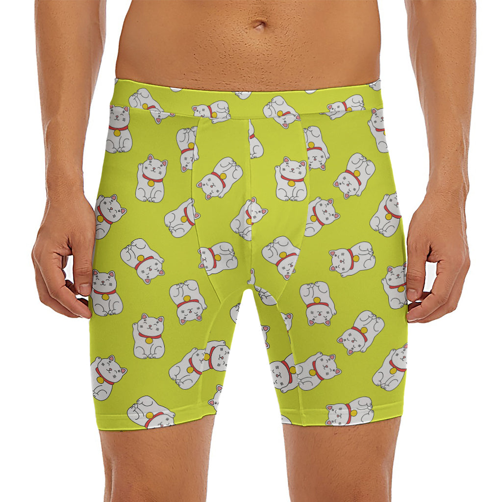Japanese Lucky Cat Cartoon Print Men's Long Boxer Briefs