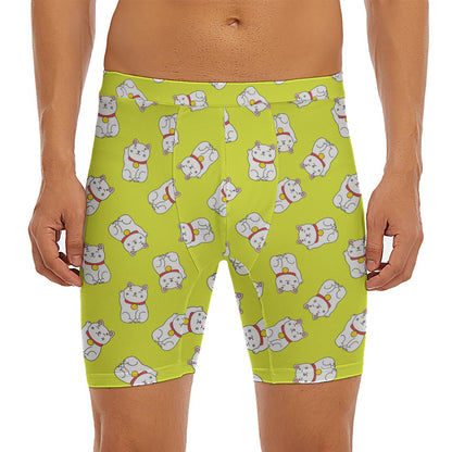 Japanese Lucky Cat Cartoon Print Men's Long Boxer Briefs