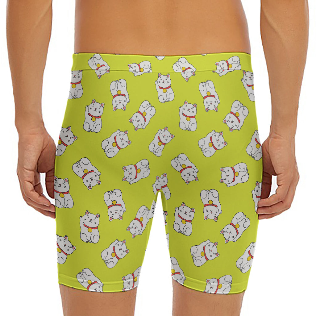 Japanese Lucky Cat Cartoon Print Men's Long Boxer Briefs