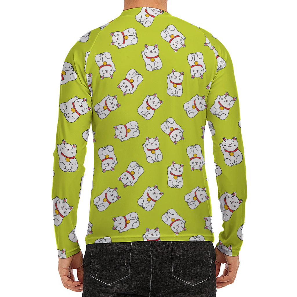 Japanese Lucky Cat Cartoon Print Men's Long Sleeve Rash Guard