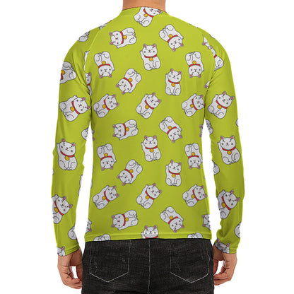 Japanese Lucky Cat Cartoon Print Men's Long Sleeve Rash Guard
