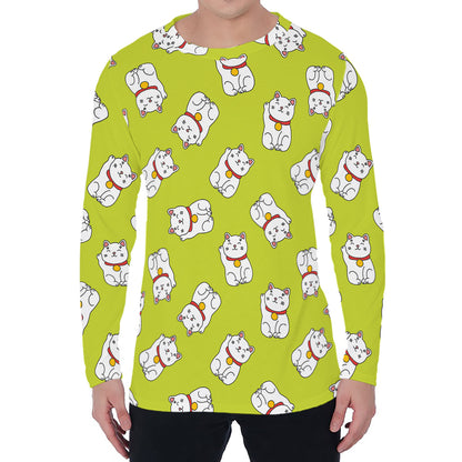 Japanese Lucky Cat Cartoon Print Men's Long Sleeve T-Shirt