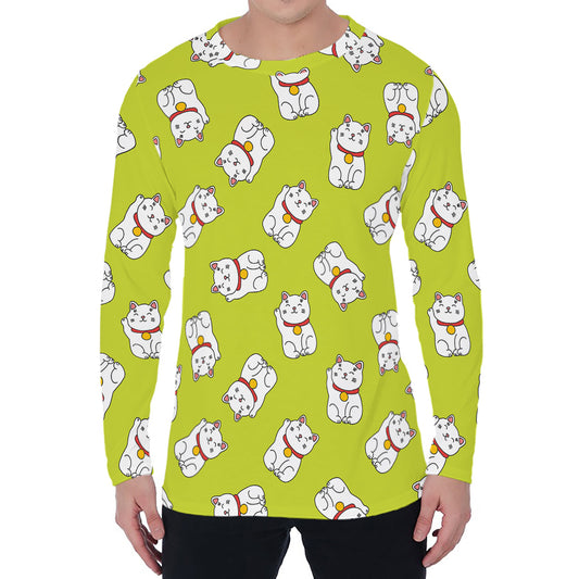 Japanese Lucky Cat Cartoon Print Men's Long Sleeve T-Shirt