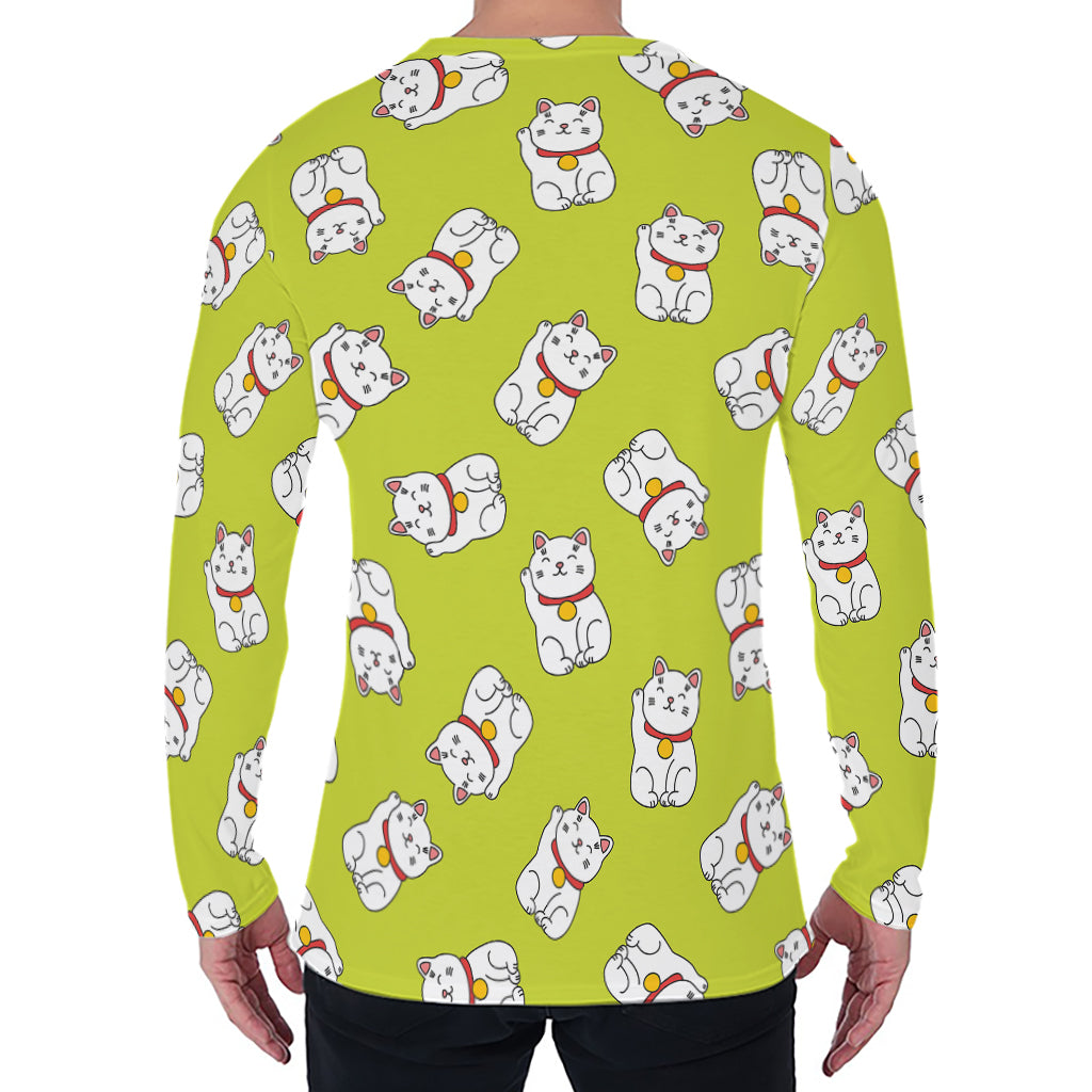 Japanese Lucky Cat Cartoon Print Men's Long Sleeve T-Shirt