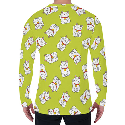 Japanese Lucky Cat Cartoon Print Men's Long Sleeve T-Shirt