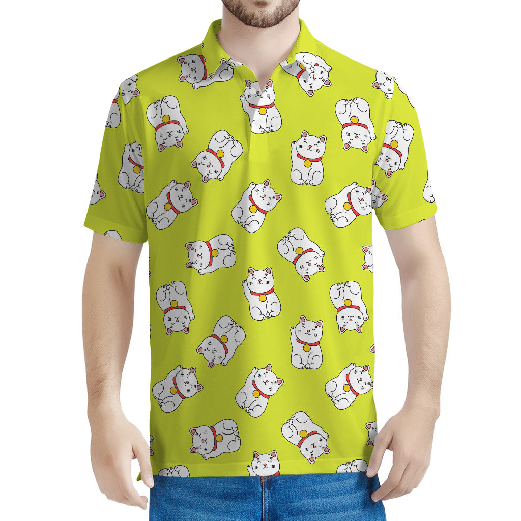 Japanese Lucky Cat Cartoon Print Men's Polo Shirt