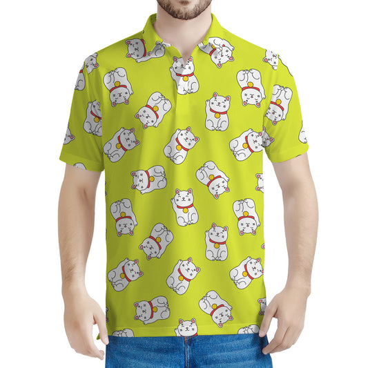 Japanese Lucky Cat Cartoon Print Men's Polo Shirt