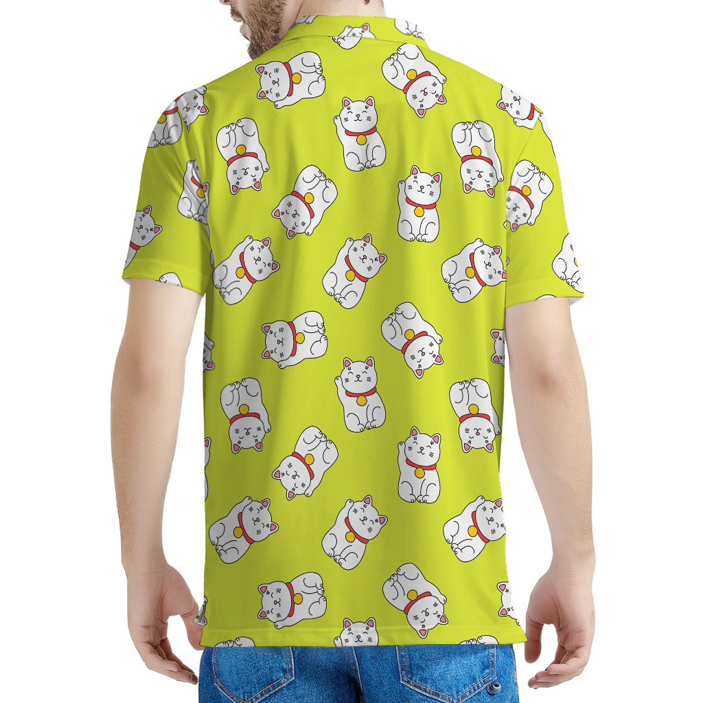 Japanese Lucky Cat Cartoon Print Men's Polo Shirt