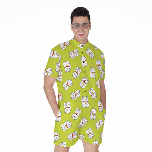 Japanese Lucky Cat Cartoon Print Men's Rompers