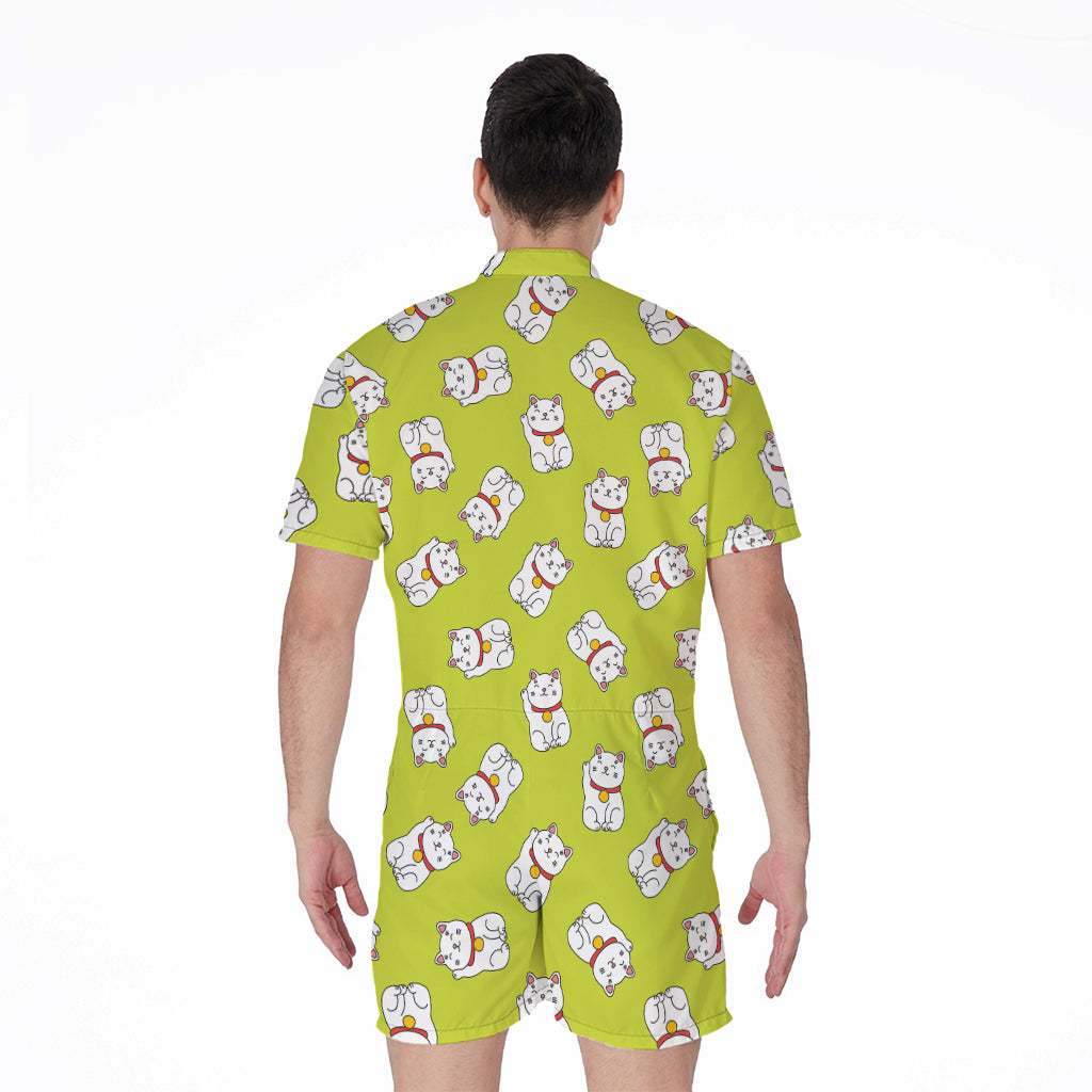 Japanese Lucky Cat Cartoon Print Men's Rompers