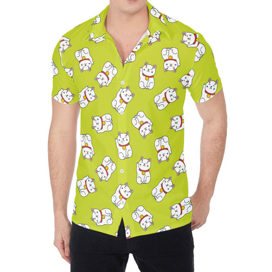 Japanese Lucky Cat Cartoon Print Men's Shirt