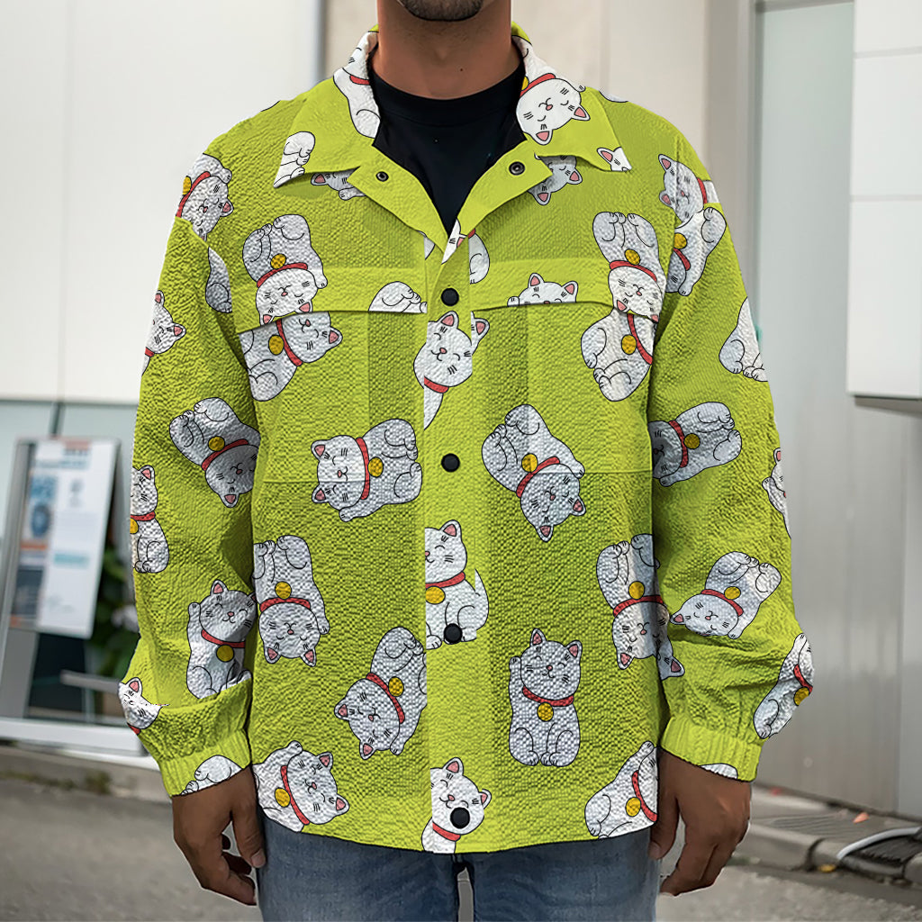 Japanese Lucky Cat Cartoon Print Men's Shirt Jacket