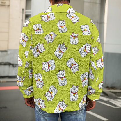 Japanese Lucky Cat Cartoon Print Men's Shirt Jacket