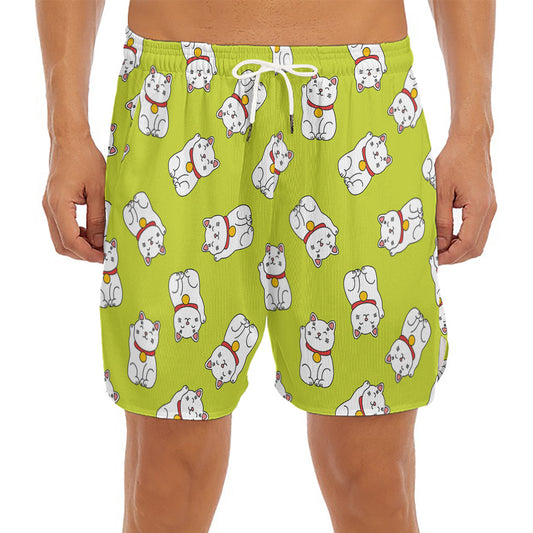 Japanese Lucky Cat Cartoon Print Men's Split Running Shorts