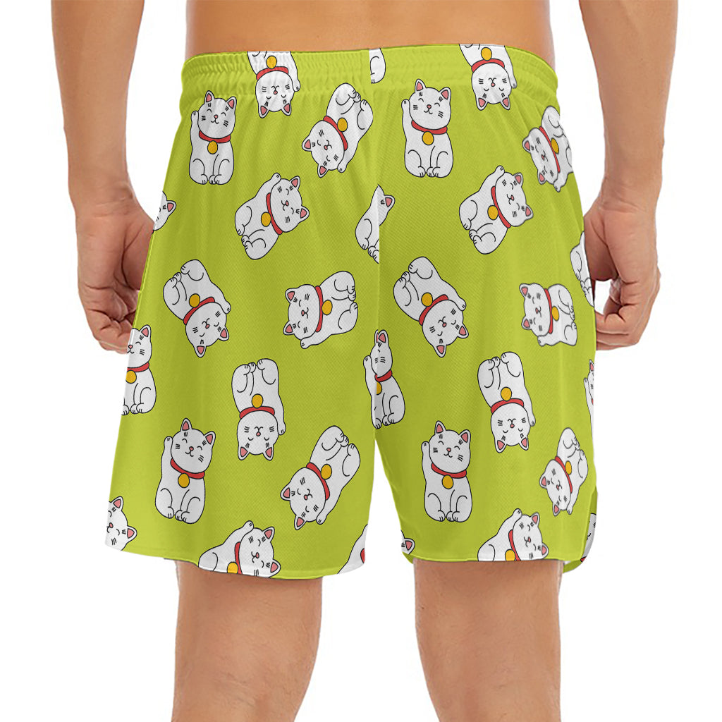 Japanese Lucky Cat Cartoon Print Men's Split Running Shorts