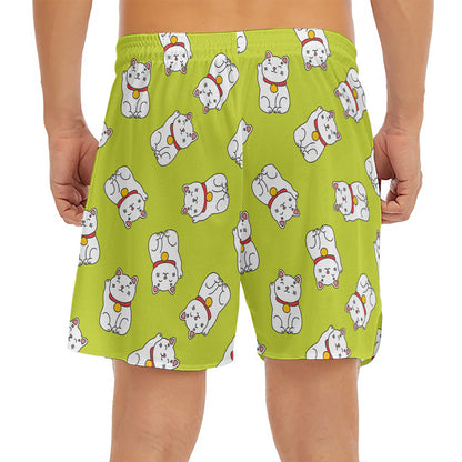 Japanese Lucky Cat Cartoon Print Men's Split Running Shorts