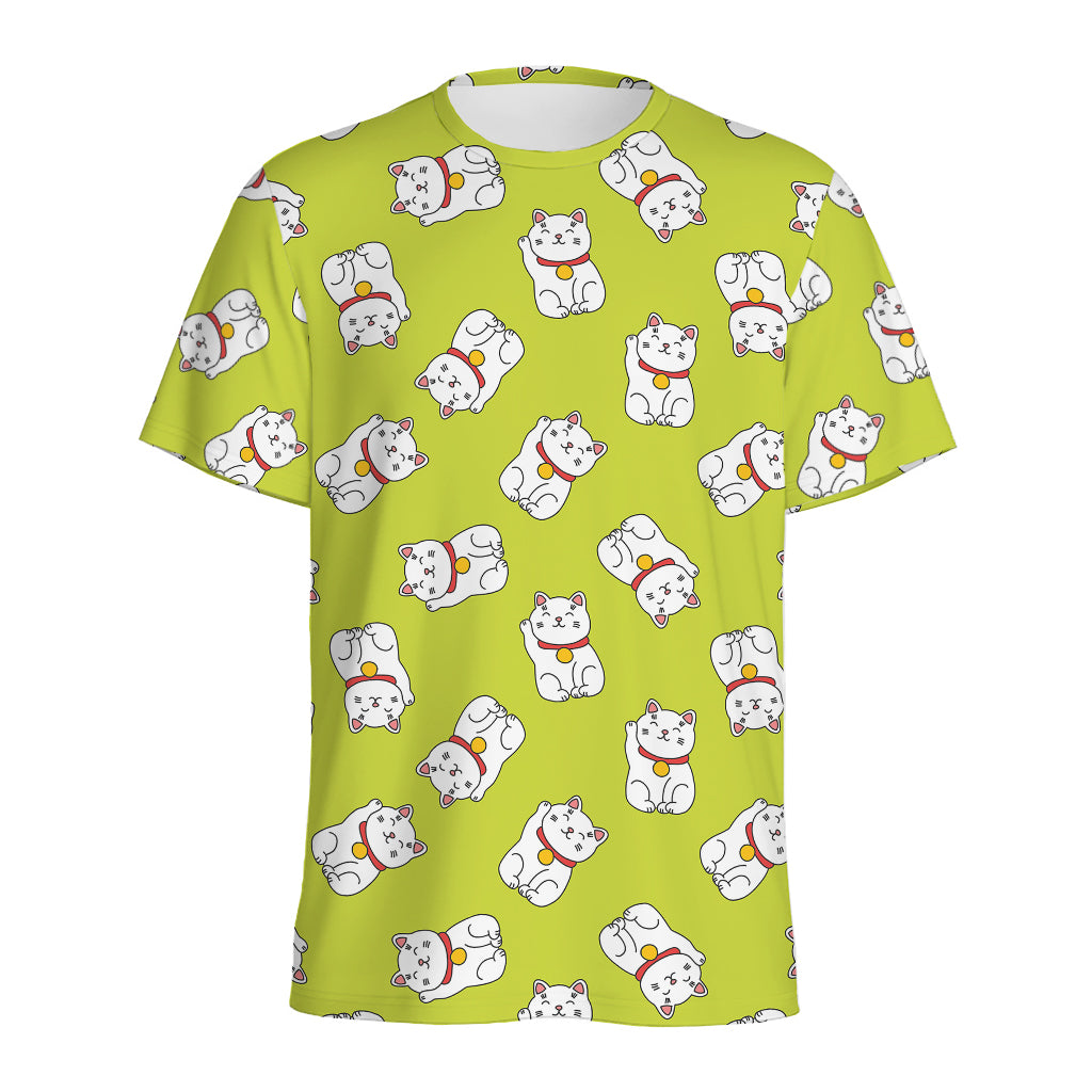 Japanese Lucky Cat Cartoon Print Men's Sports T-Shirt