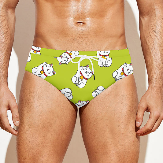 Japanese Lucky Cat Cartoon Print Men's Swim Briefs