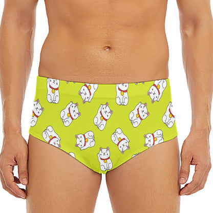 Japanese Lucky Cat Cartoon Print Men's Triangle Swim Briefs