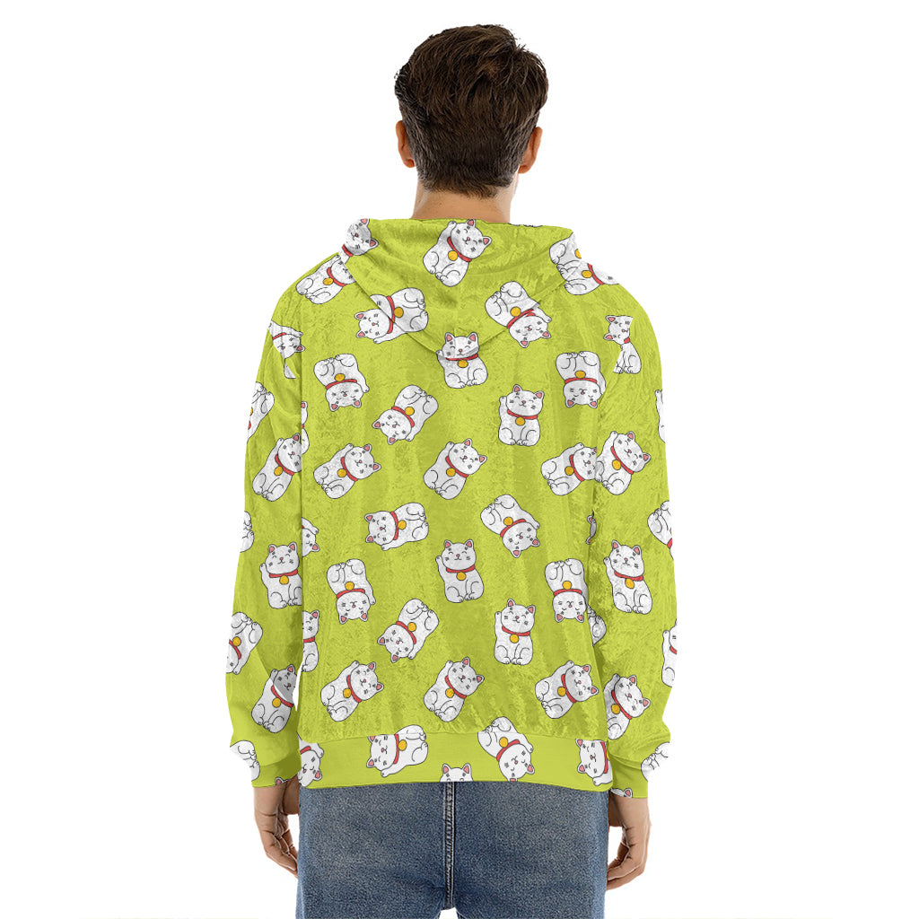 Japanese Lucky Cat Cartoon Print Men's Velvet Pullover Hoodie