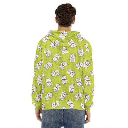 Japanese Lucky Cat Cartoon Print Men's Velvet Pullover Hoodie