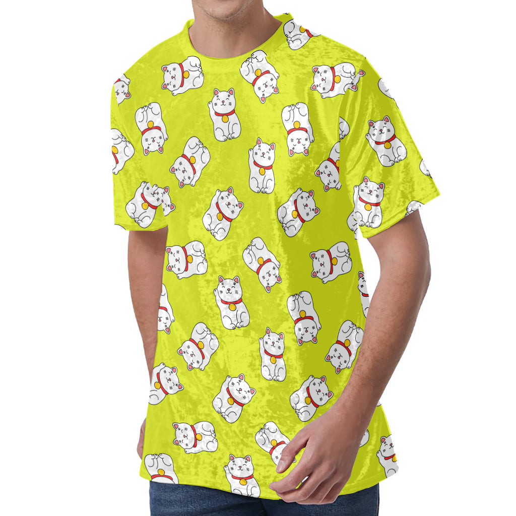 Japanese Lucky Cat Cartoon Print Men's Velvet T-Shirt