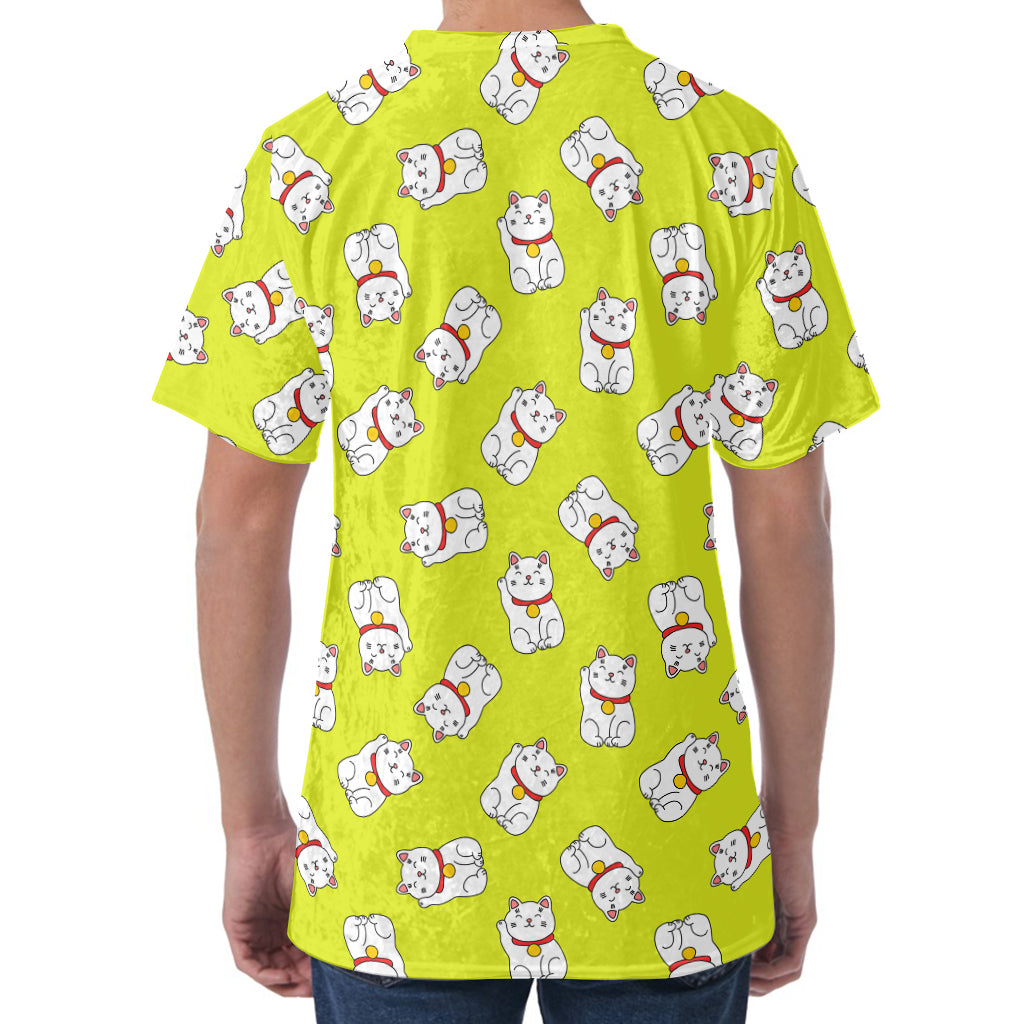 Japanese Lucky Cat Cartoon Print Men's Velvet T-Shirt