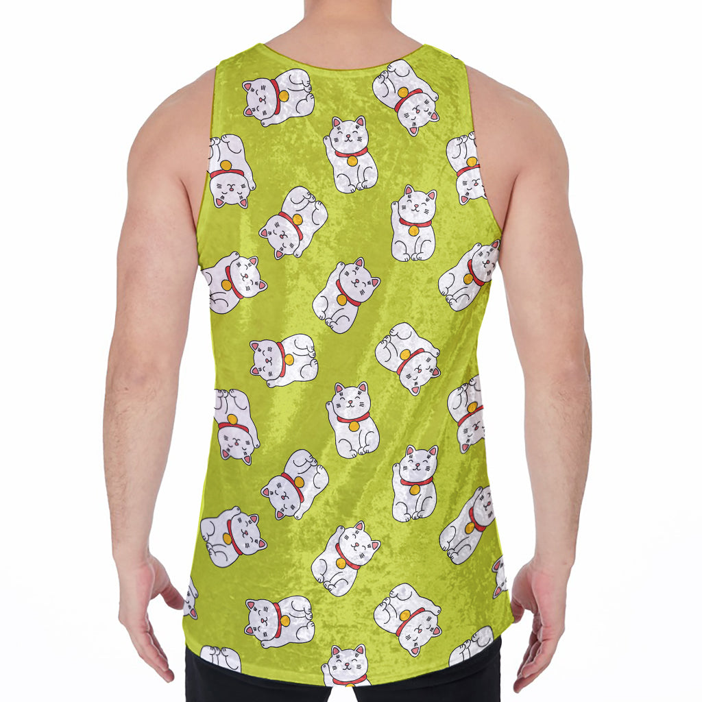 Japanese Lucky Cat Cartoon Print Men's Velvet Tank Top