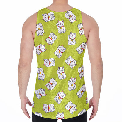 Japanese Lucky Cat Cartoon Print Men's Velvet Tank Top