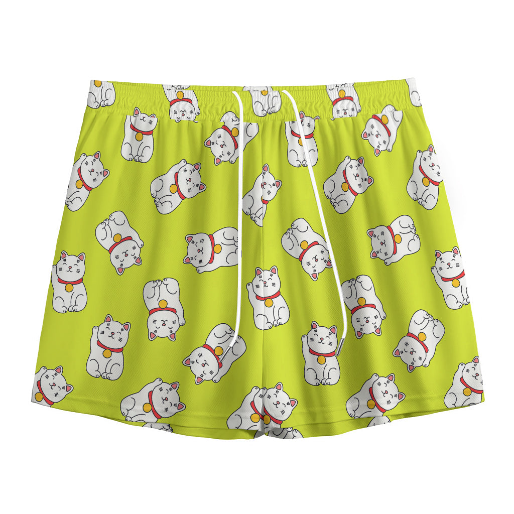 Japanese Lucky Cat Cartoon Print Mesh Shorts