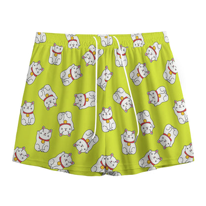 Japanese Lucky Cat Cartoon Print Mesh Shorts