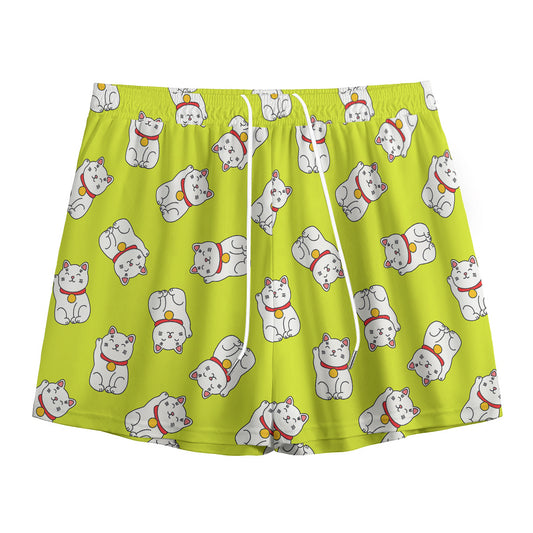 Japanese Lucky Cat Cartoon Print Mesh Shorts