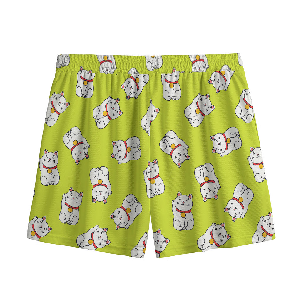 Japanese Lucky Cat Cartoon Print Mesh Shorts