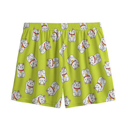 Japanese Lucky Cat Cartoon Print Mesh Shorts