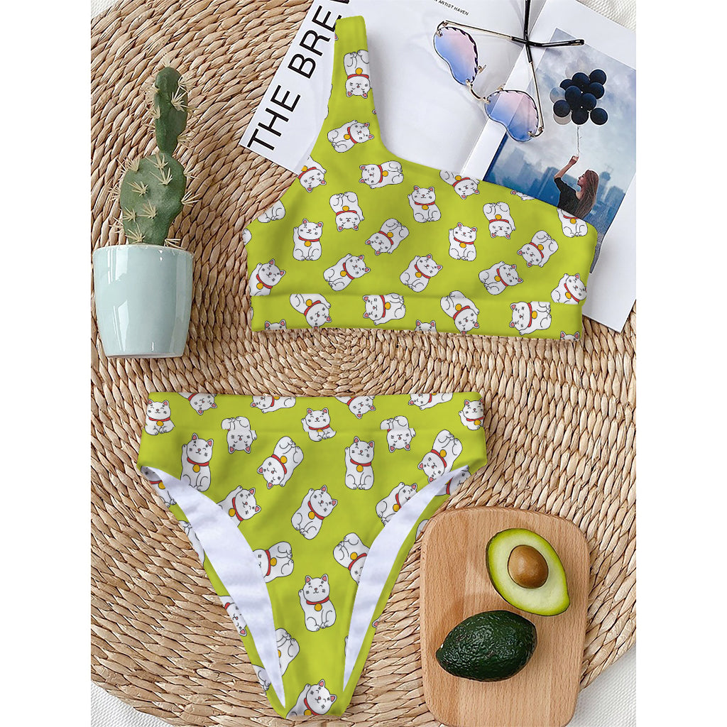 Japanese Lucky Cat Cartoon Print One Shoulder Bikini Top