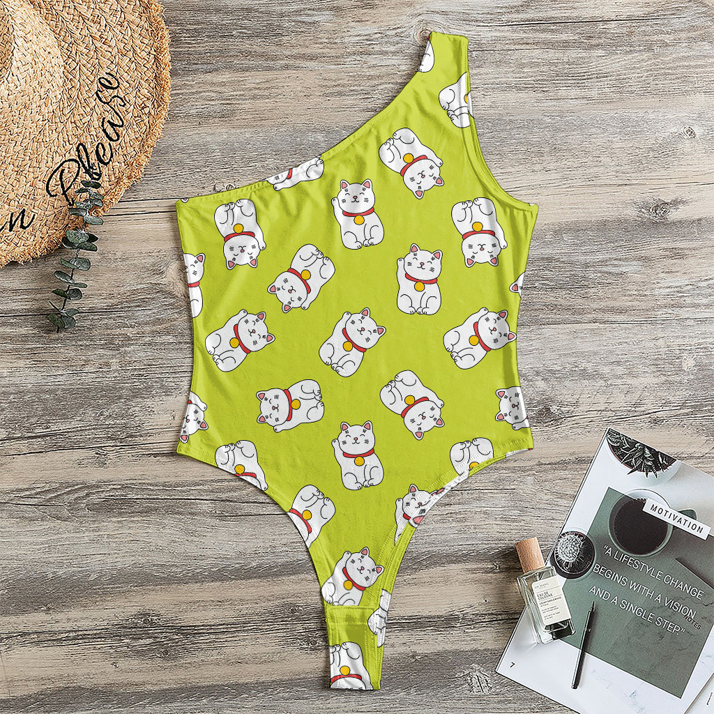 Japanese Lucky Cat Cartoon Print One Shoulder Bodysuit