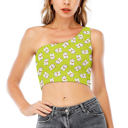 Japanese Lucky Cat Cartoon Print One Shoulder Crop Top