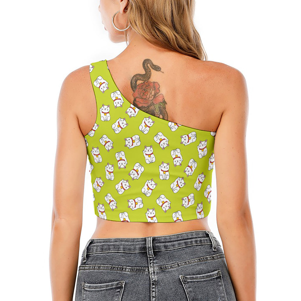Japanese Lucky Cat Cartoon Print One Shoulder Crop Top