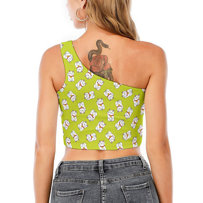 Japanese Lucky Cat Cartoon Print One Shoulder Crop Top