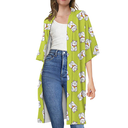 Japanese Lucky Cat Cartoon Print Open Front Beach Cover Up