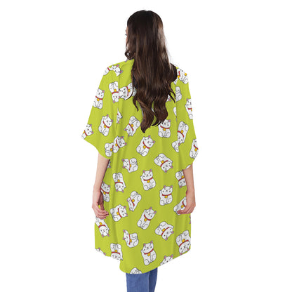 Japanese Lucky Cat Cartoon Print Open Front Beach Cover Up