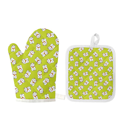 Japanese Lucky Cat Cartoon Print Oven Mitt And Pot Holder Set