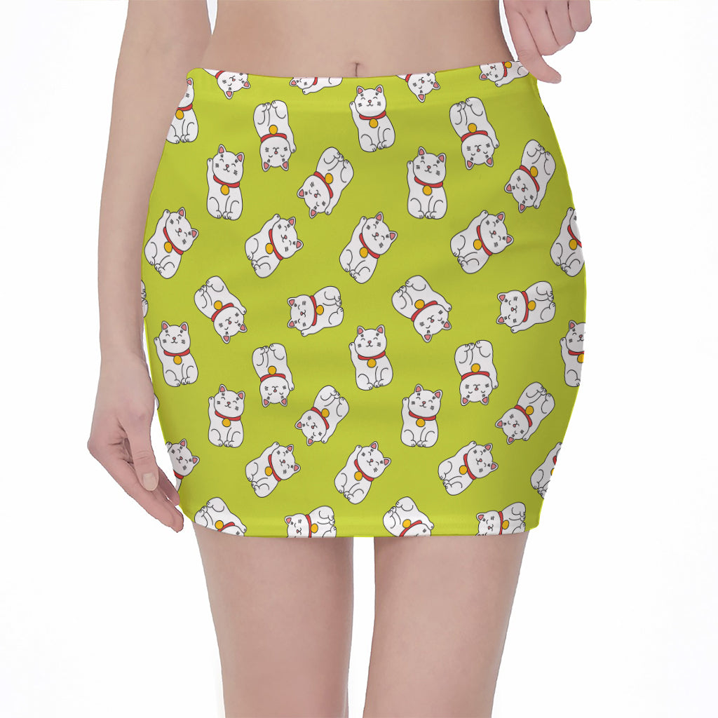 Japanese Lucky Cat Cartoon Print Pencil Mini Skirt