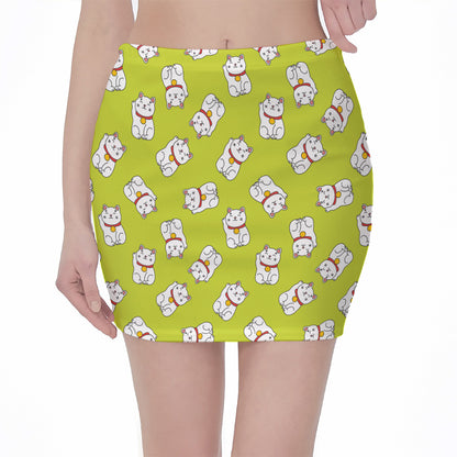 Japanese Lucky Cat Cartoon Print Pencil Mini Skirt