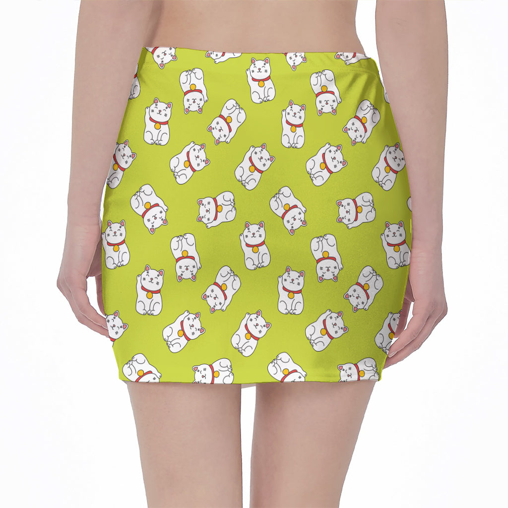 Japanese Lucky Cat Cartoon Print Pencil Mini Skirt