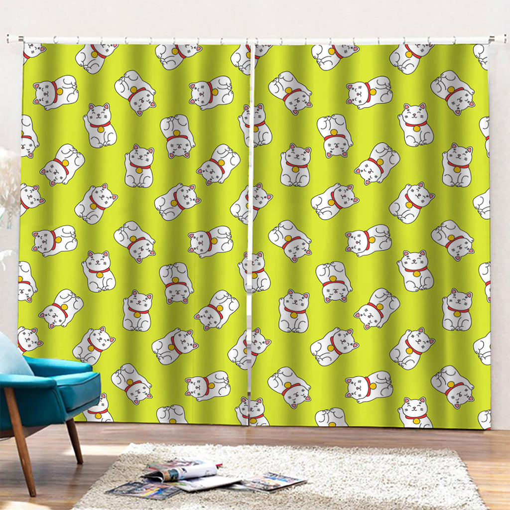 Japanese Lucky Cat Cartoon Print Pencil Pleat Curtains