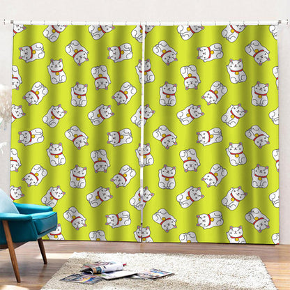 Japanese Lucky Cat Cartoon Print Pencil Pleat Curtains